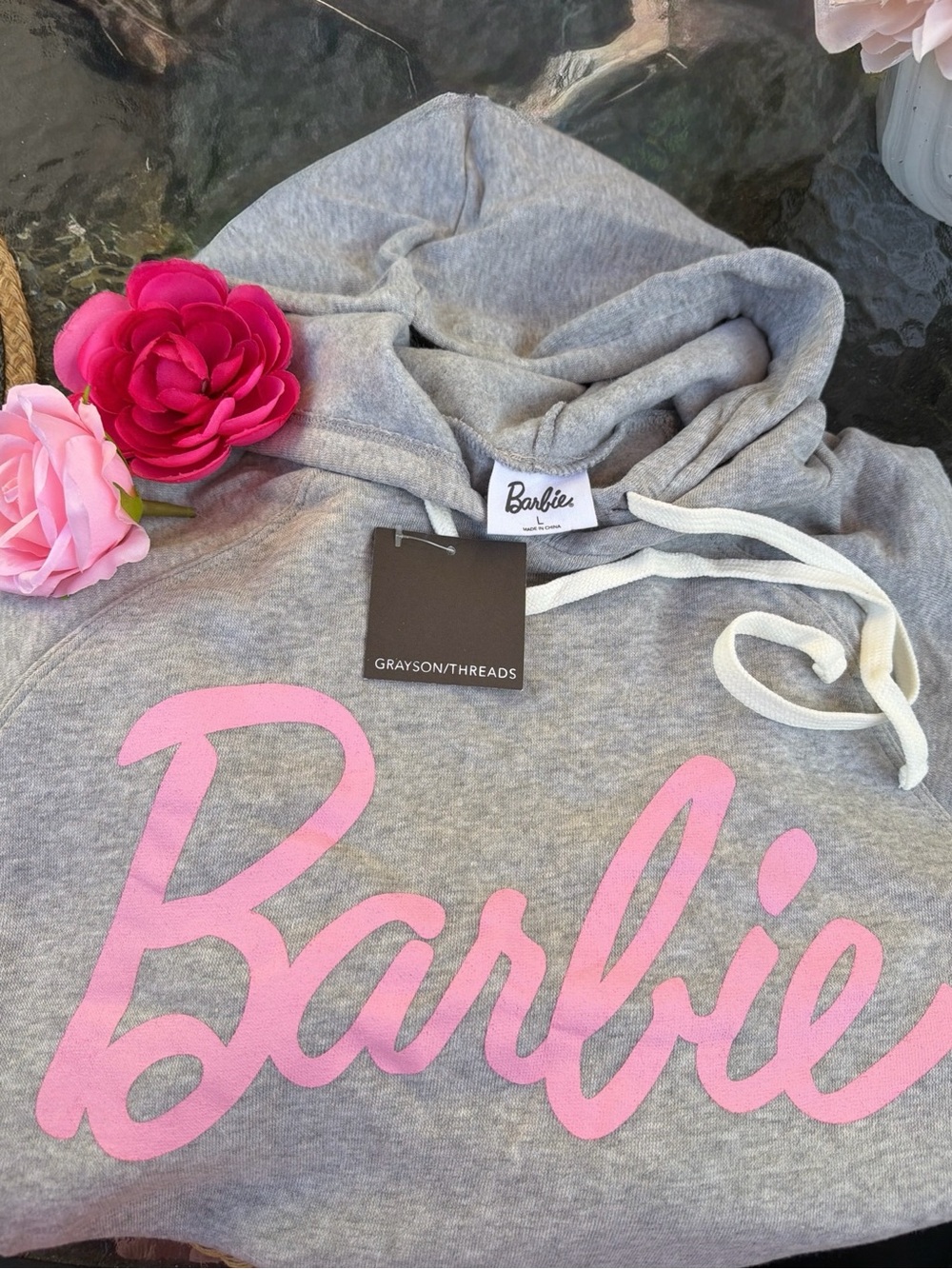 Barbie Gray Hoodie with Pink Script Logo